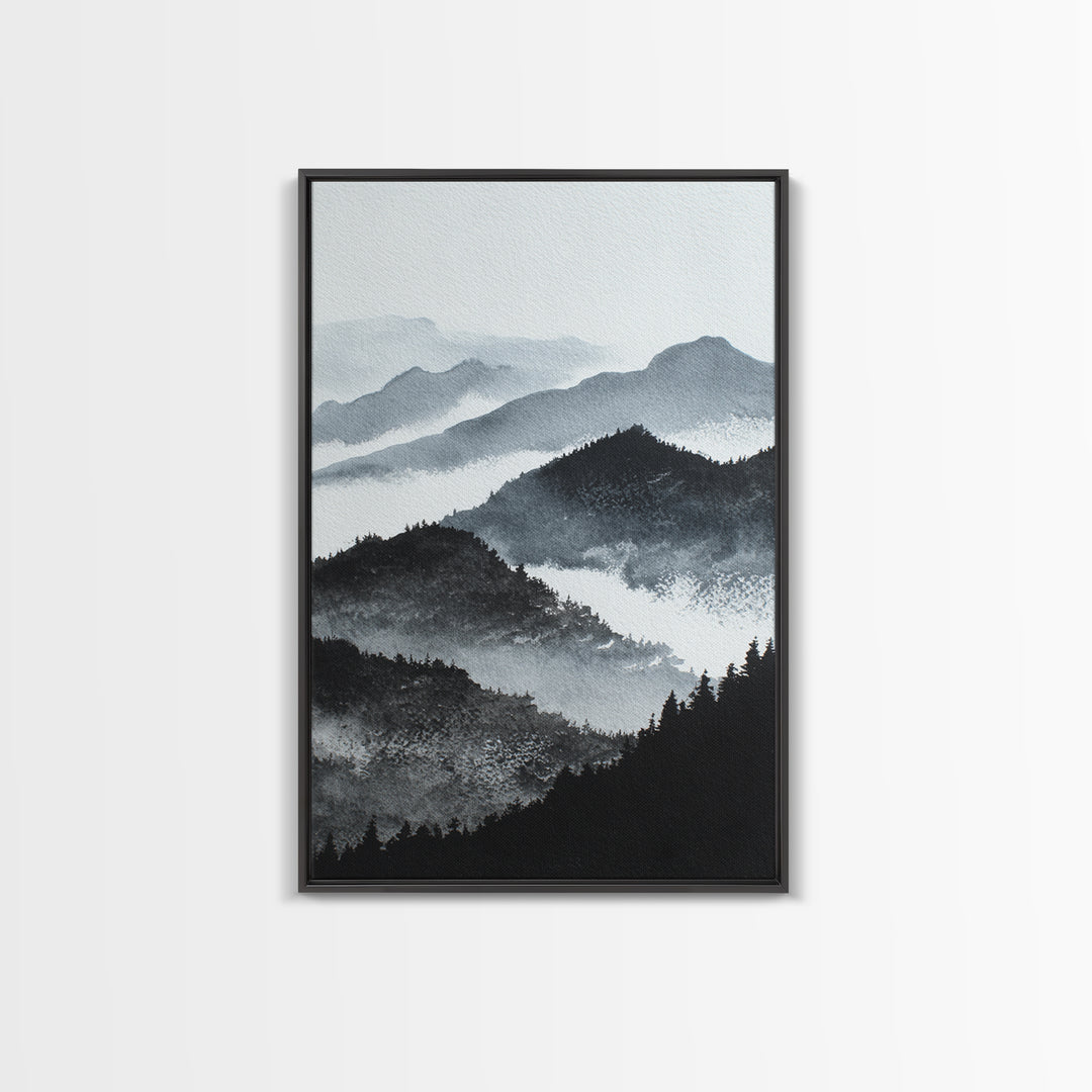 Black Ink Mountain Range Framed Canvas Print, Black and White Art, Halloween Decor, Living Room Decor, Fine Art, Monochrome, BAW-2x3-34
