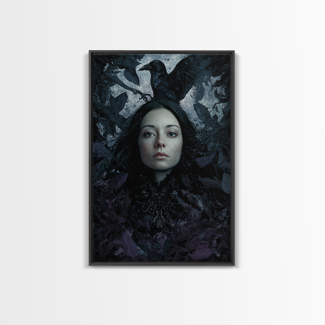 Ink Splatter Raven Composition Framed Canvas Print, Black and White Art, Contemporary Art, Living Room Decor, Monochrome, BAW-2x3-4