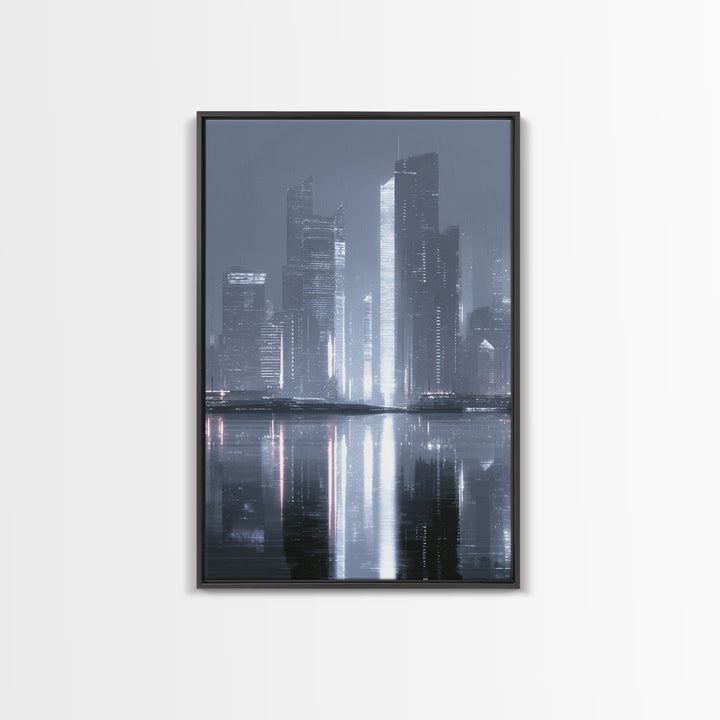 Monochrome City Skyline Reflected Canvas Print, Black and White Art, Printable Wall Art, Living Room Decor, Monochrome, BAW-2x3-43
