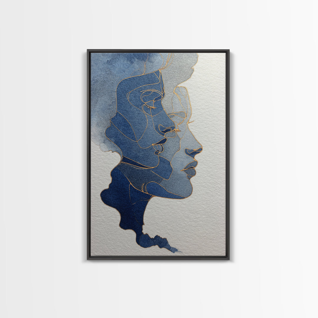 Minimal Face Pair Drawn Framed Canvas Print, Black and White Art, Art, Living Room Decor, Fine Art, Monochrome, Original Art, BAW-2x3-46