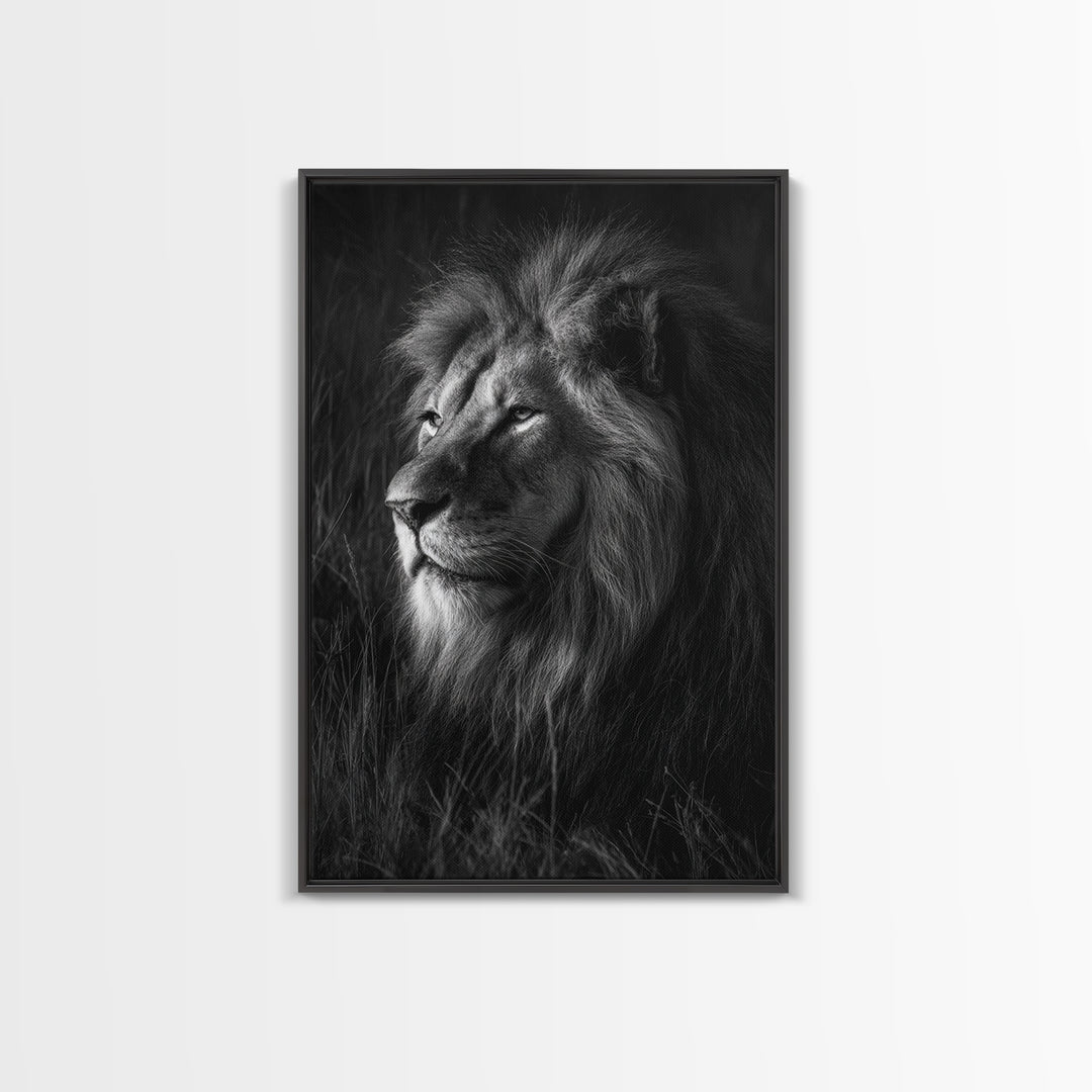 Dramatic Black and White Lion Portrait Canvas Print, Black and White Art, Large Wall Art, Living Room Decor, Monochrome, BAW-2x3-49
