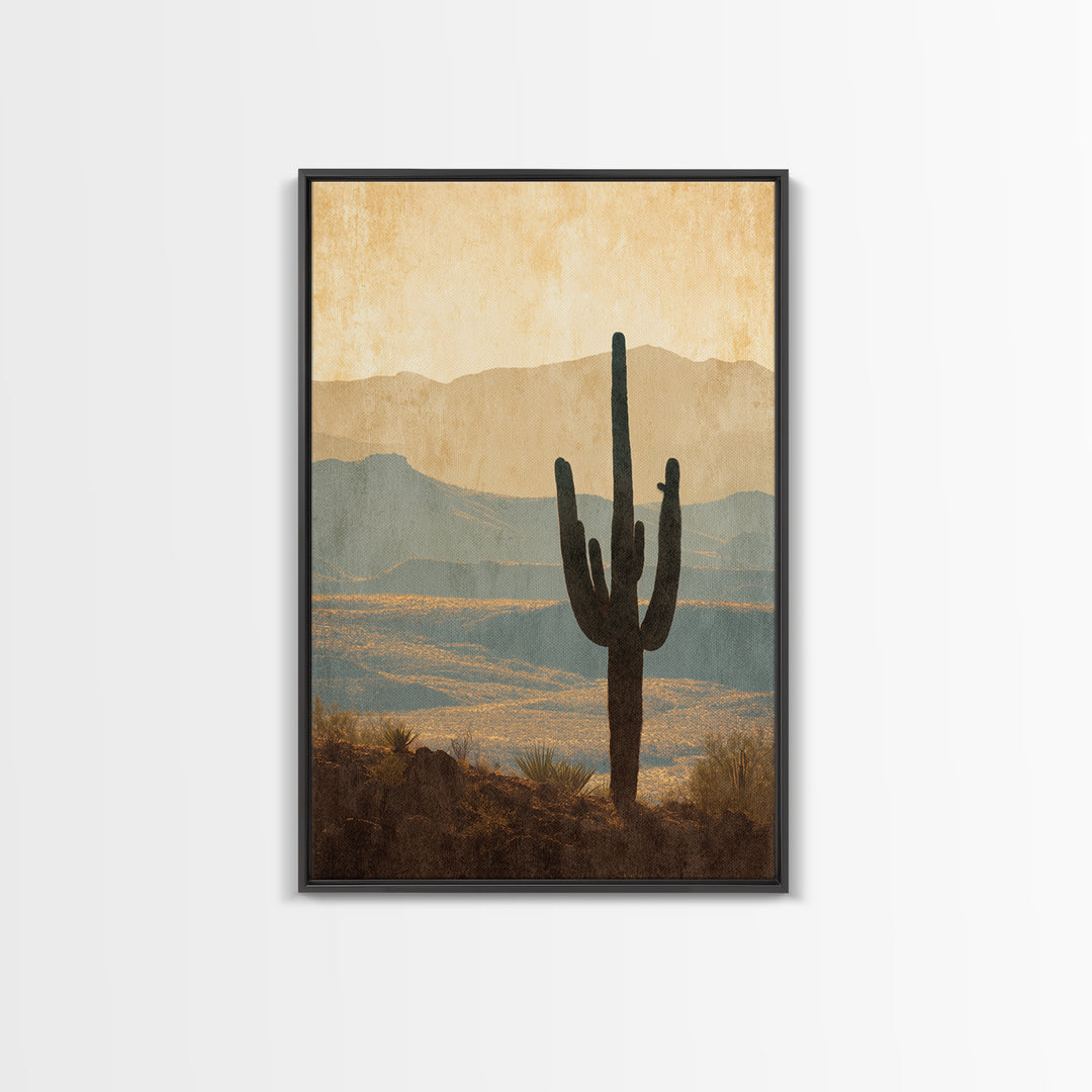 Monochrome Desert Cactus Silhouette Canvas Print, Black and White Art, Digital Art, Living Room Decor, Fine Art, Monochrome, BAW-2x3-5