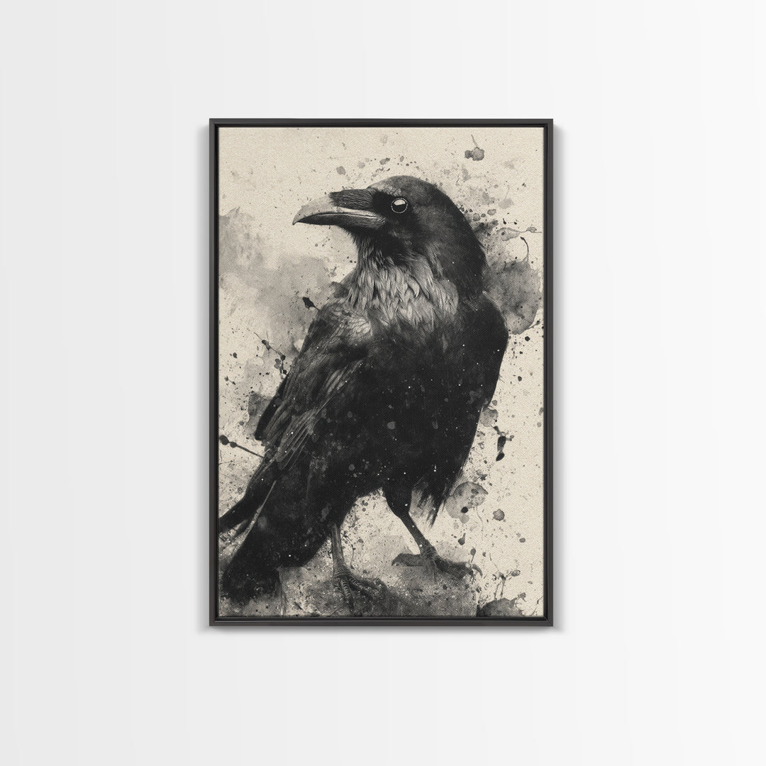 Ink Splatter Raven Composition Framed Canvas Print, Black and White Art, Art, Living Room Decor, Fine Art, Monochrome, BAW-2x3-52