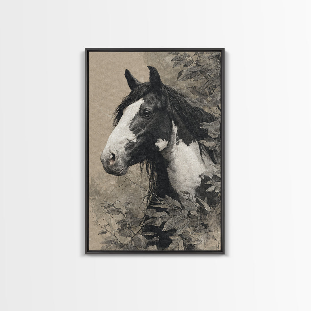 Black and White Wild Horse Portrait Canvas Print, Black and White Art, Wood Wall Art, Living Room Decor, Fine Art, Monochrome, BAW-2x3-61