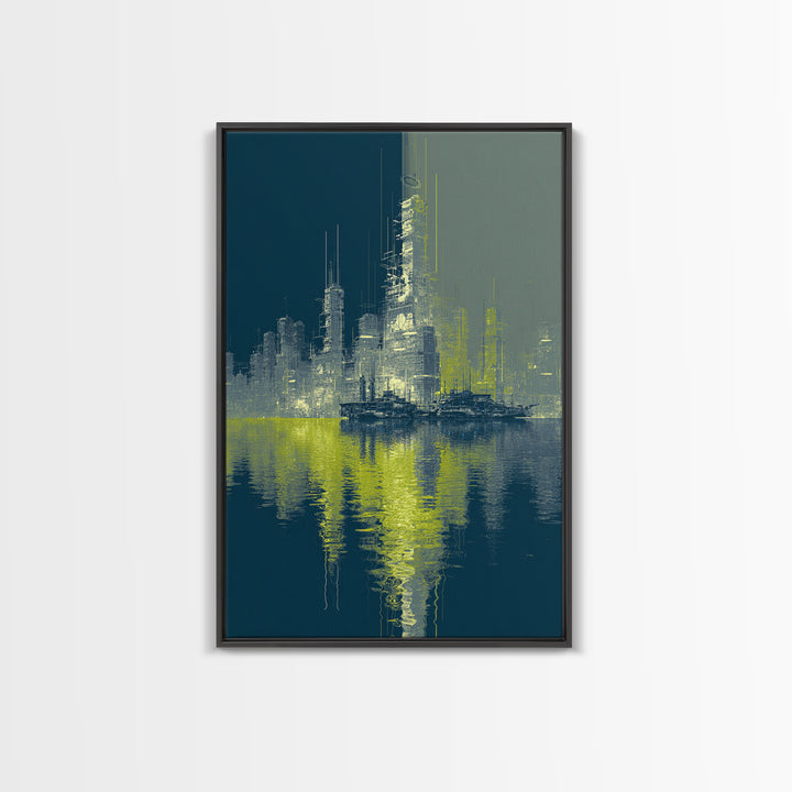 Monochrome City Skyline Reflected Canvas Print, Black and White Art, Wood Wall Art, Living Room Decor, Fine Art, Monochrome, BAW-2x3-67