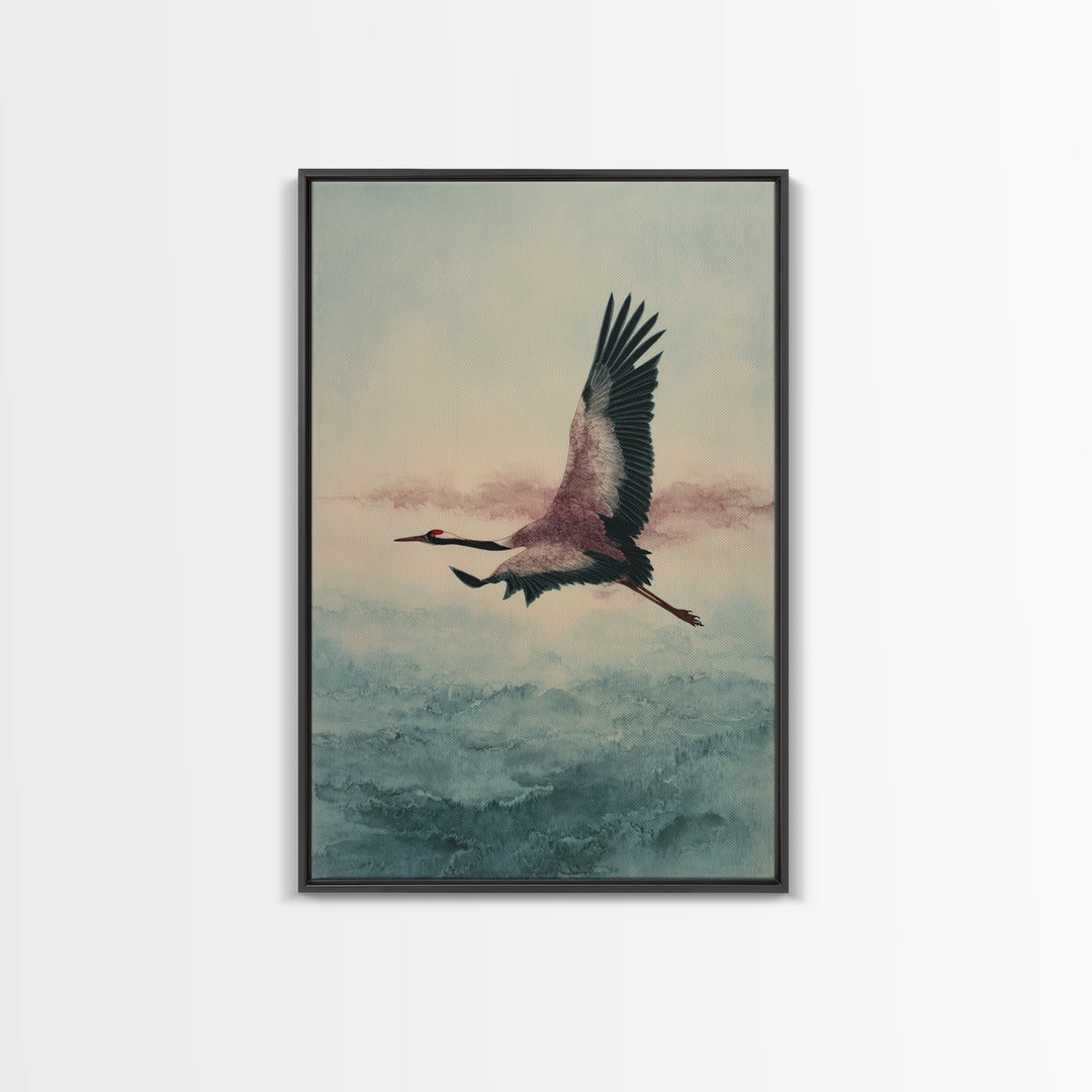 Black Ink Crane Flying Across Empty Sky Framed Canvas Print, Black and White Art, Printable Art, Living Room Decor, Monochrome, BAW-2x3-69