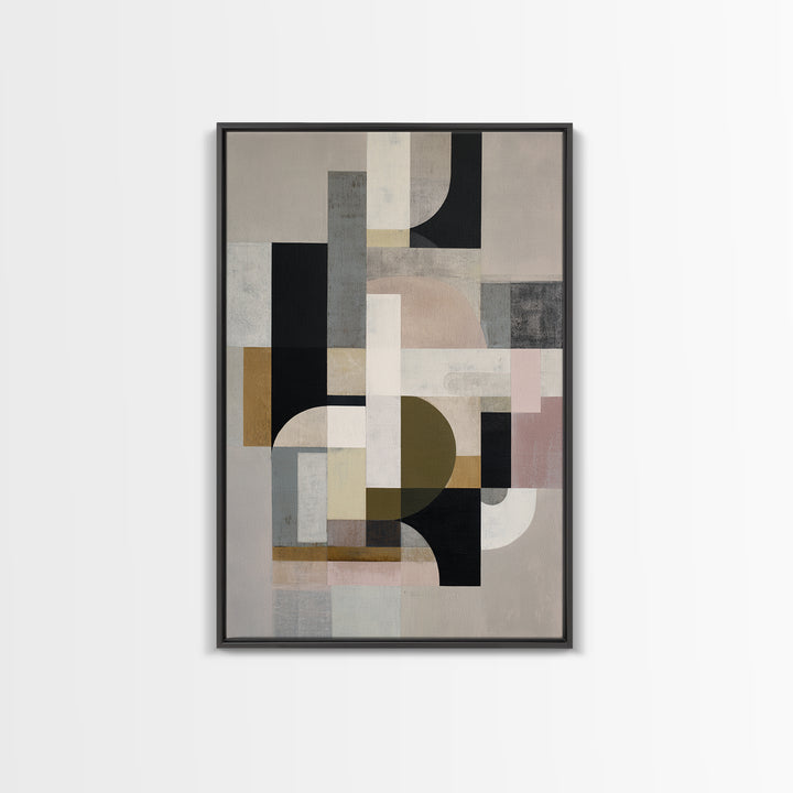 Geometric Bauhaus Grayscale Shapes Framed Canvas Print, Black and White Art, Digital Art, Living Room Decor, Abstract Art, BAW-2x3-74