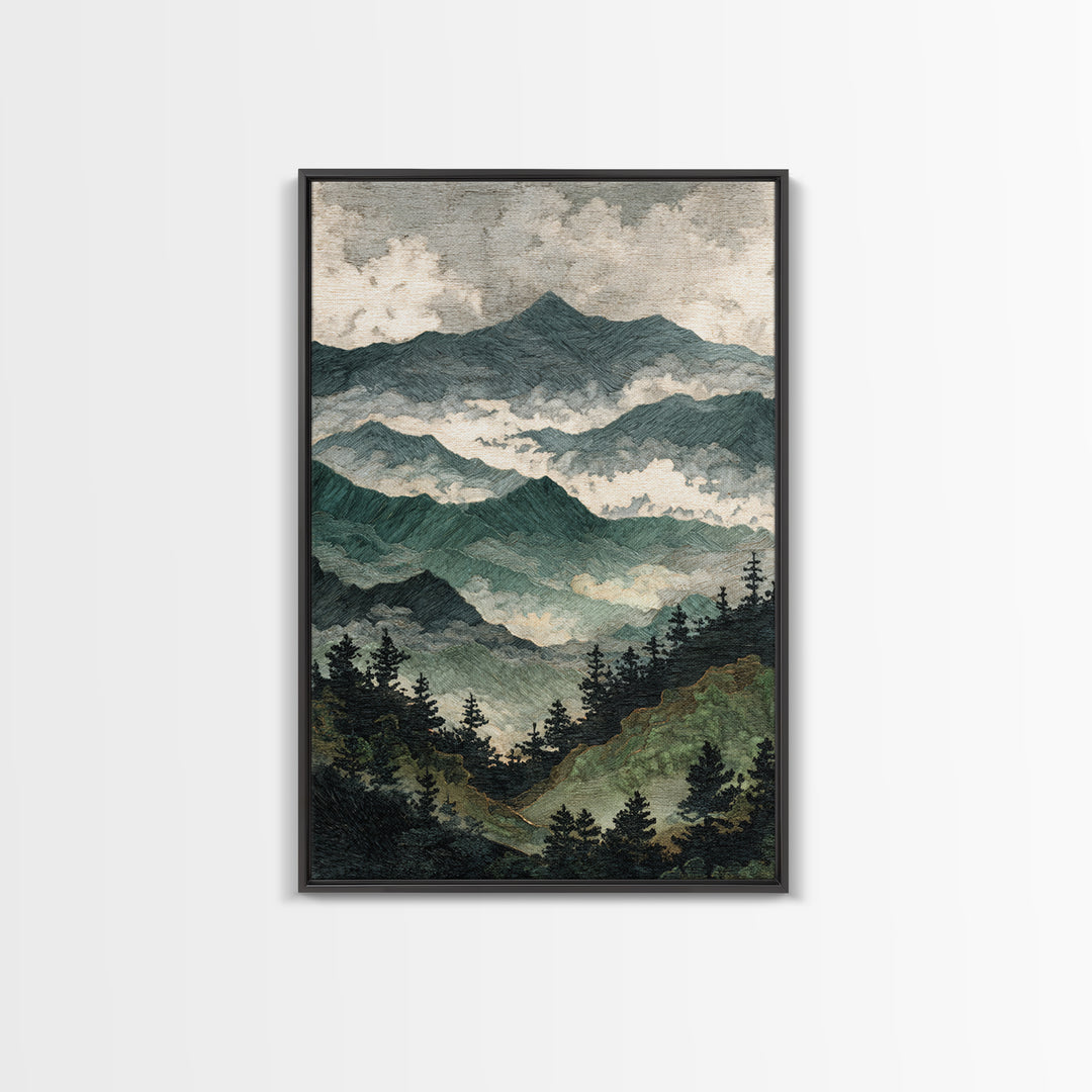 Black Ink Mountain Range Canvas Print, Black and White Art, Printable Wall Art, Living Room Decor, Watercolor Art, Monochrome, BAW-2x3-82