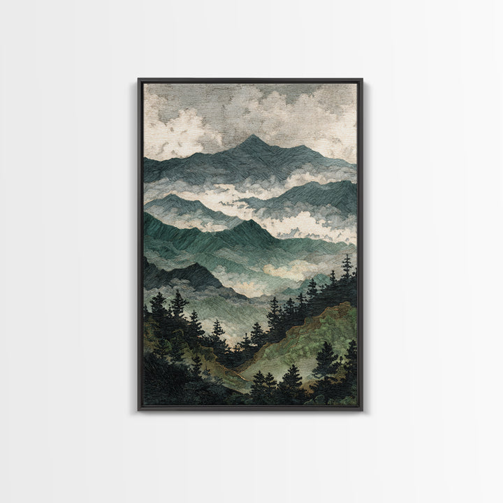 Black Ink Mountain Range Canvas Print, Black and White Art, Printable Wall Art, Living Room Decor, Watercolor Art, Monochrome, BAW-2x3-82