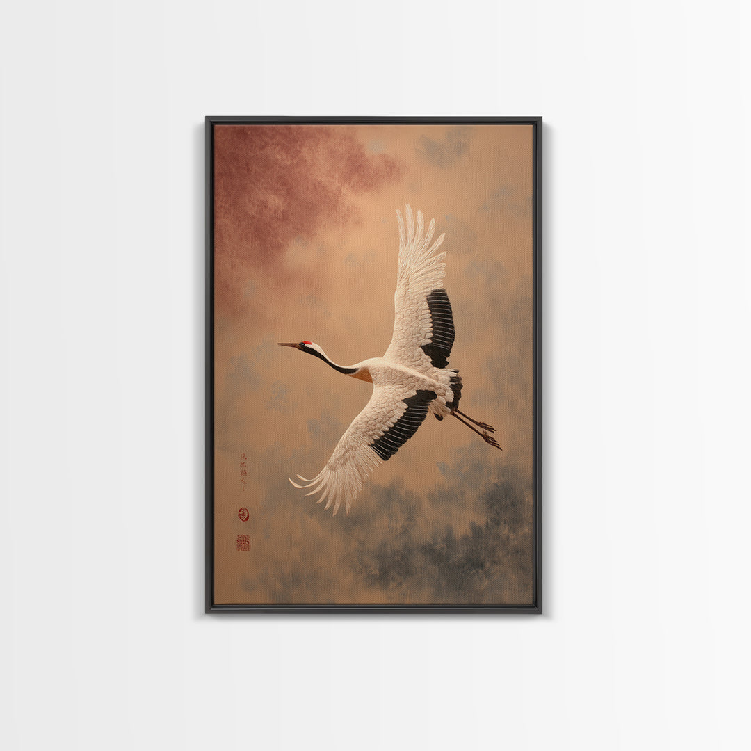 Black Ink Crane Flying Across Empty Sky Framed Canvas Print, Black and White Art, Printable Art, Living Room Decor, Monochrome, BAW-2x3-93