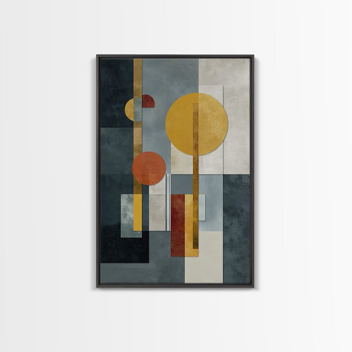 Geometric Bauhaus Grayscale Shapes Framed Canvas Print, Black and White Art, Digital Art, Living Room Decor, Abstract Art, BAW-2x3-98