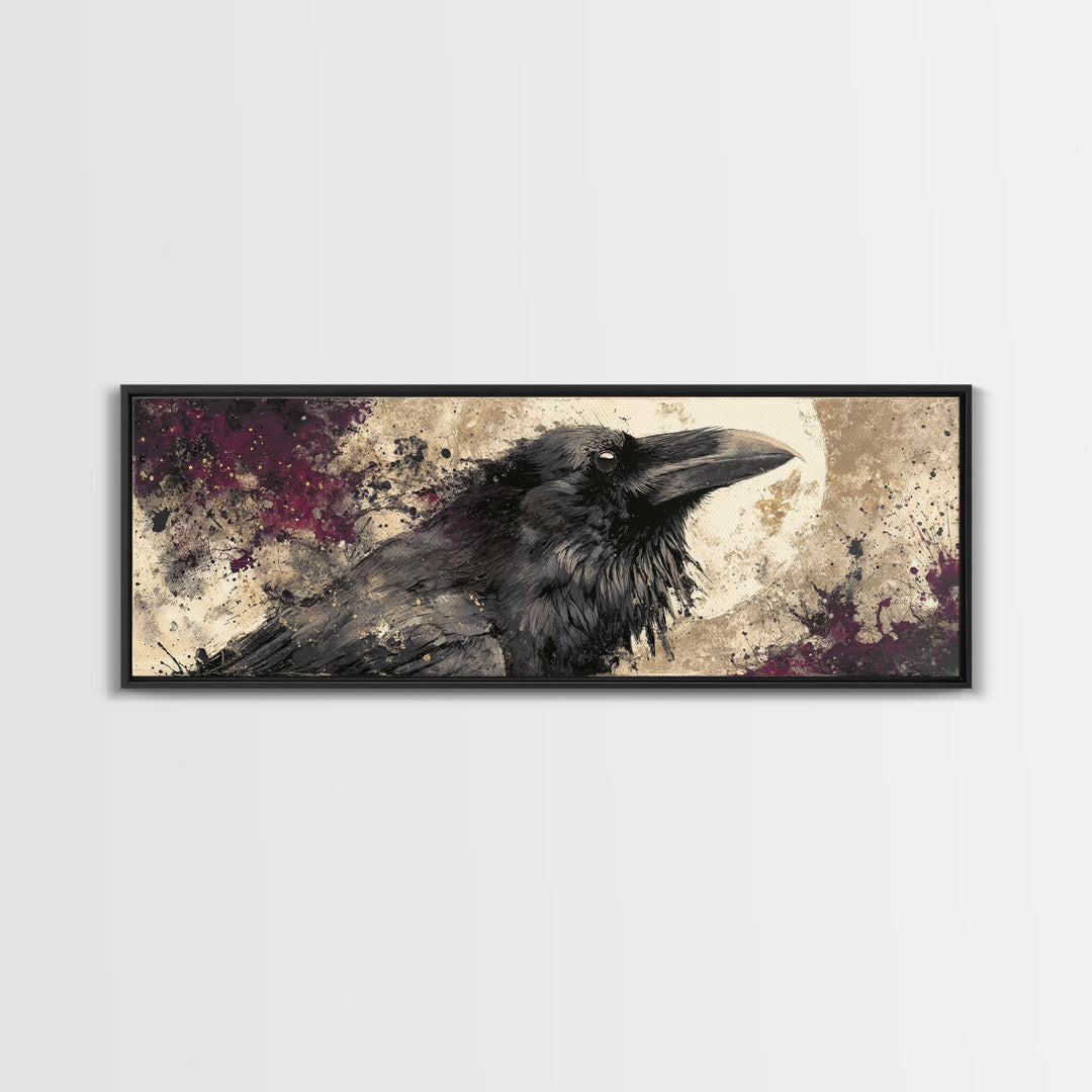 Ink Splatter Raven Composition Framed Canvas Print, Black and White Art, Photography Prints, Living Room Decor, Monochrome, BAW-3x1-12