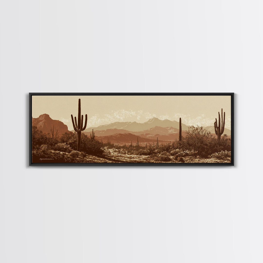 Monochrome Desert Cactus Silhouette Canvas Print, Black and White Art, Apartment Decor, Living Room Decor, Oil Painting, BAW-3x1-13