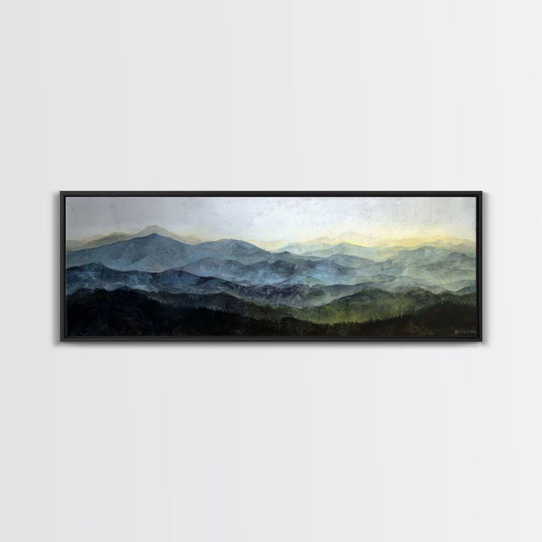 Black Ink Mountain Range Framed Canvas Print, Black and White Art, Large Wall Art, Living Room Decor, Fine Art, Monochrome, BAW-3x1-18