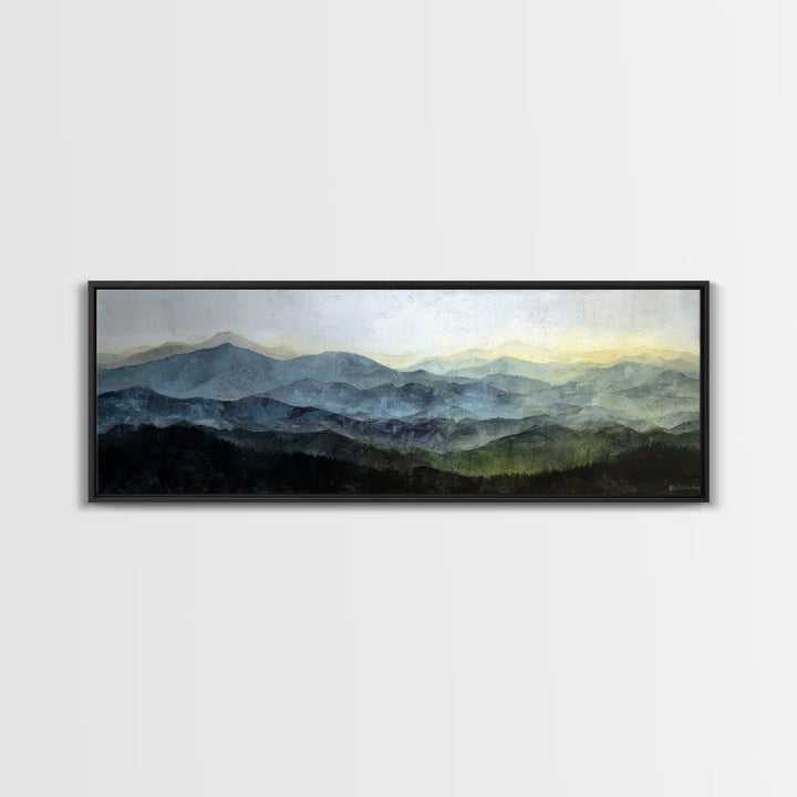 Black Ink Mountain Range Framed Canvas Print, Black and White Art, Large Wall Art, Living Room Decor, Fine Art, Monochrome, BAW-3x1-18