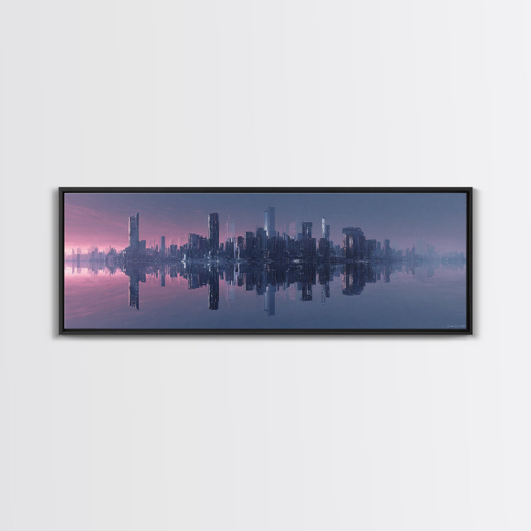 Monochrome City Skyline Reflected Canvas Print, Black and White Art, Textured Painting, Living Room Decor, Monochrome, BAW-3x1-27