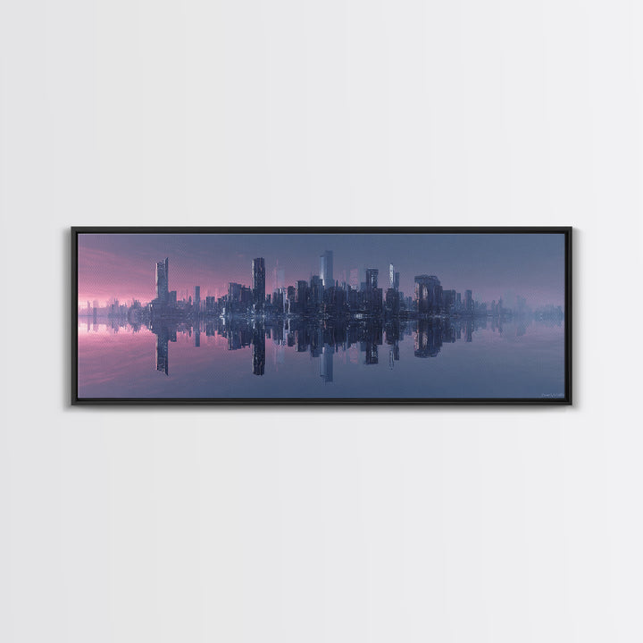 Monochrome City Skyline Reflected Canvas Print, Black and White Art, Textured Painting, Living Room Decor, Monochrome, BAW-3x1-27