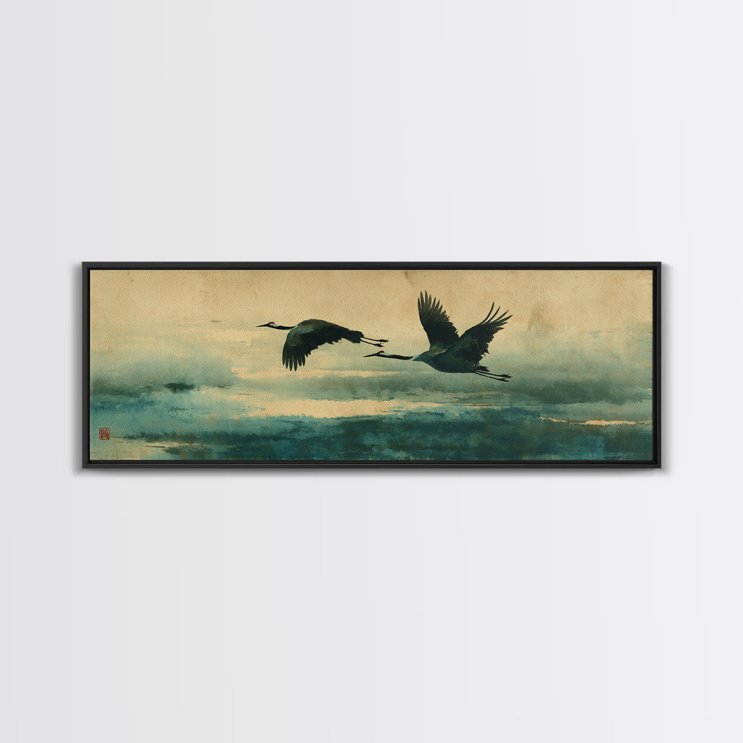 Black Ink Crane Flying Across Empty Sky Canvas Print, Black and White Art, Modern Wall Art, Living Room Decor, Oil Painting, BAW-3x1-29