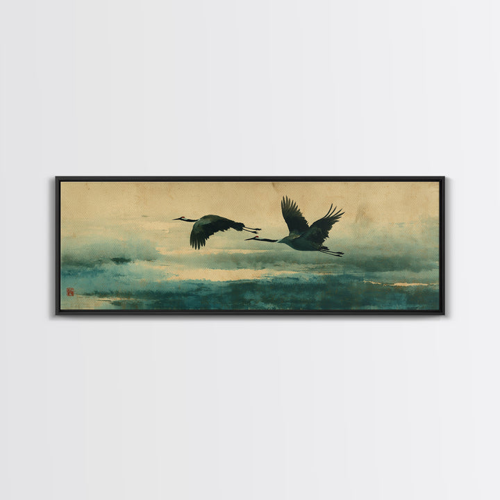 Black Ink Crane Flying Across Empty Sky Canvas Print, Black and White Art, Modern Wall Art, Living Room Decor, Oil Painting, BAW-3x1-29