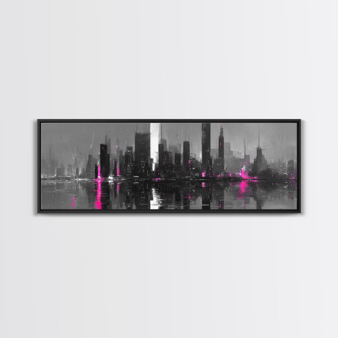 Monochrome City Skyline Reflected Canvas Print, Black and White Art, Fine Art Print, Living Room Decor, Abstract Art, BAW-3x1-3