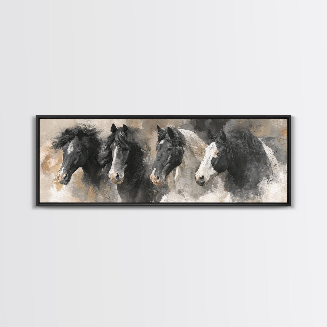 Black and White Wild Horse Portrait Canvas Print, Black and White Art, Photography Prints, Living Room Decor, Monochrome, BAW-3x1-45