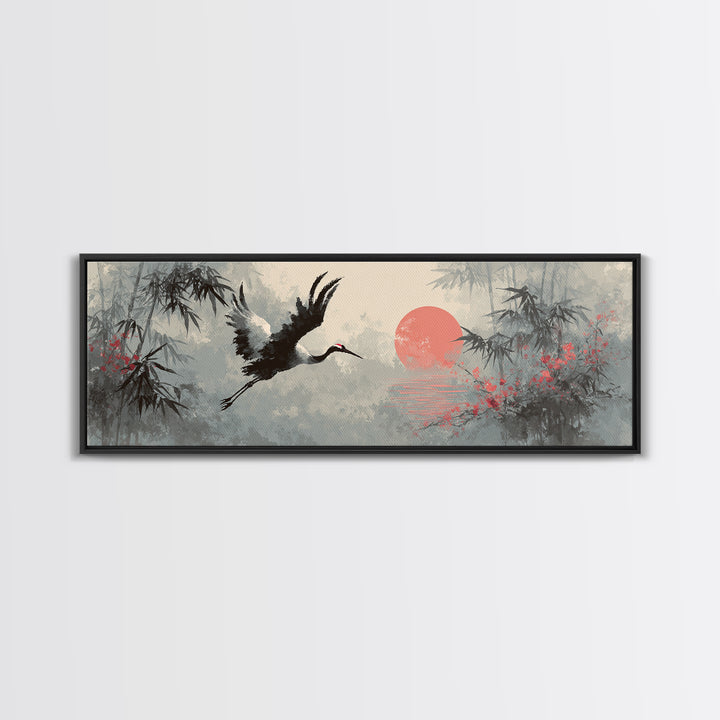 Black Ink Crane Flying Across Empty Sky Canvas Print, Black and White Art, Abstract Art, Living Room Decor, Monochrome, BAW-3x1-5