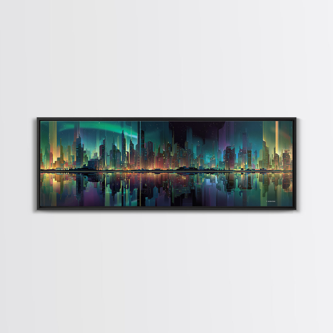 Monochrome City Skyline Reflected Framed Canvas Print, Black and White Art, Art Print, Living Room Decor, Fine Art, Monochrome, BAW-3x1-51