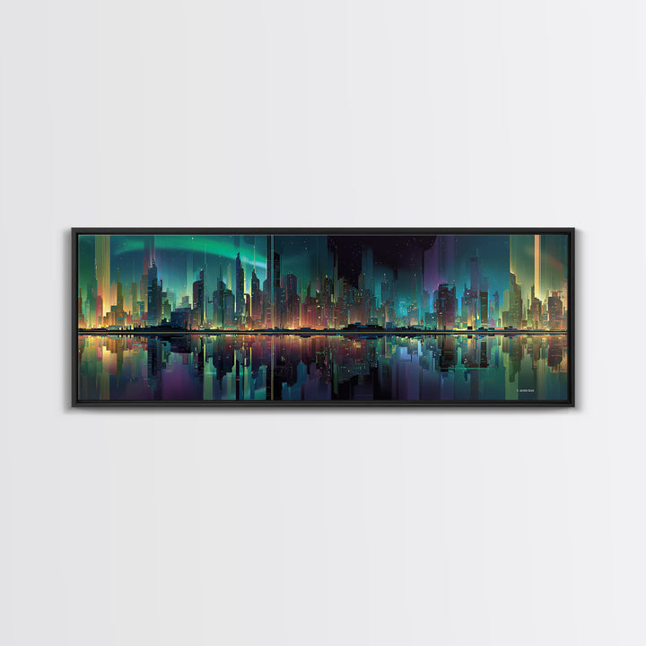 Monochrome City Skyline Reflected Framed Canvas Print, Black and White Art, Art Print, Living Room Decor, Fine Art, Monochrome, BAW-3x1-51