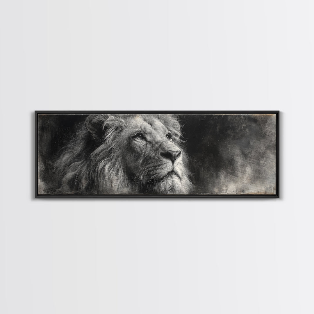 Dramatic Black and White Lion Portrait Framed Canvas Print, Black and White Art, Cabin Decor, Living Room Decor, Monochrome, BAW-3x1-57