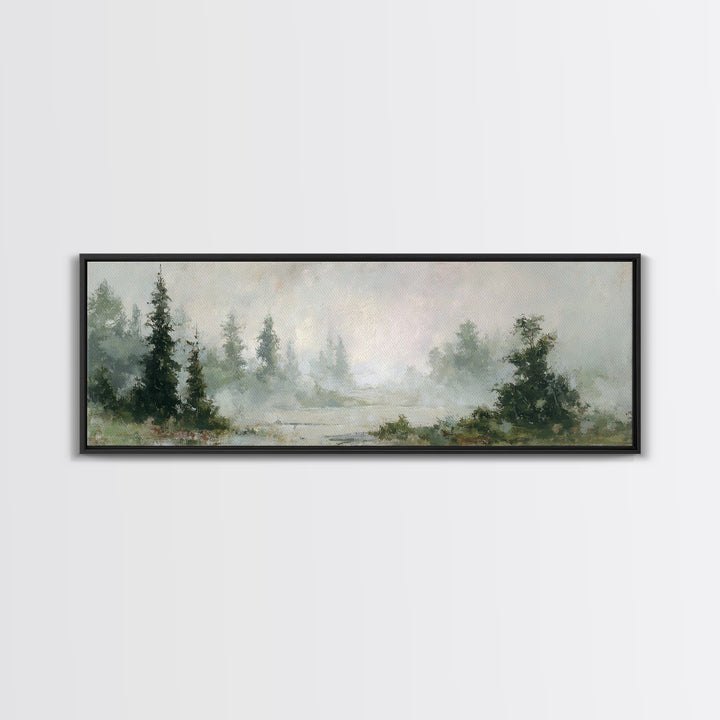Misty Bridge Landscape Framed Canvas Print, Black and White Art, Digital Prints, Living Room Decor, Fine Art, Monochrome, BAW-3x1-59