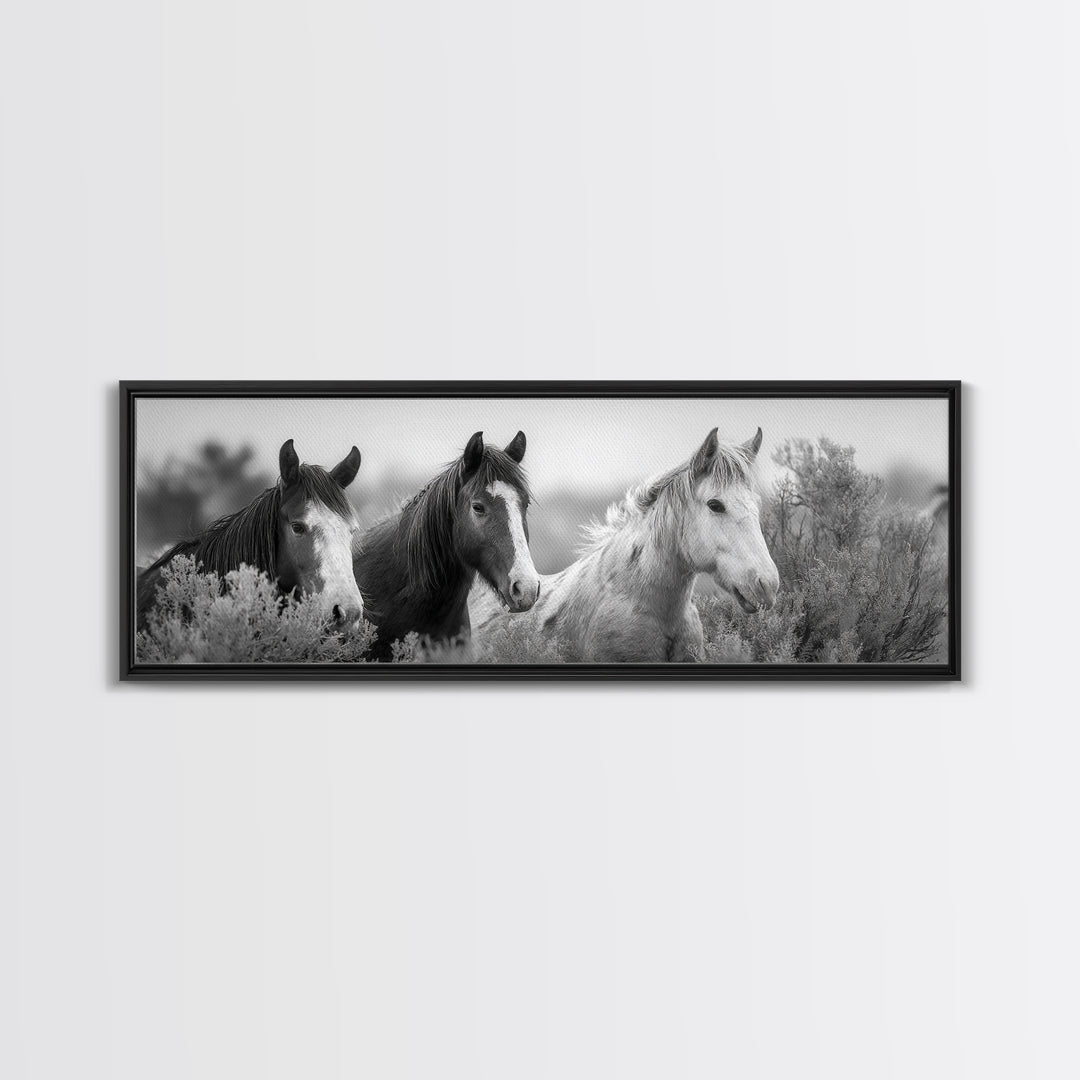 Black and White Wild Horse Portrait Framed Canvas Print, Black and White Art, Gallery Decor, Living Room Decor, Monochrome, BAW-3x1-69