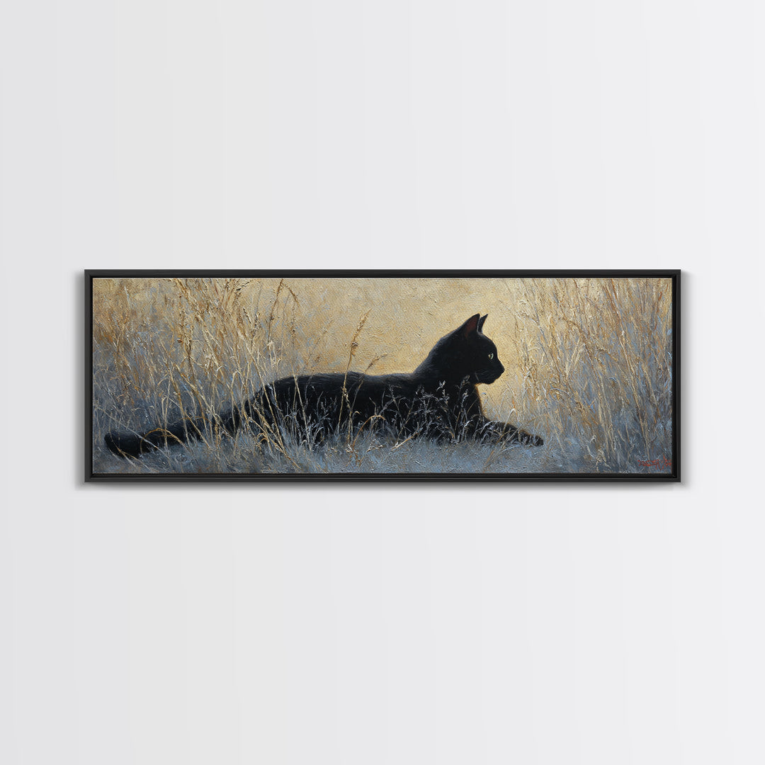 Black Cat Silhouette Canvas Print, Black and White Art, Digital Prints, Living Room Decor, Fine Art, Monochrome, Wood Wall Art, BAW-3x1-80