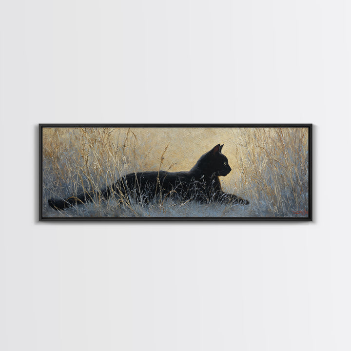 Black Cat Silhouette Canvas Print, Black and White Art, Digital Prints, Living Room Decor, Fine Art, Monochrome, Wood Wall Art, BAW-3x1-80