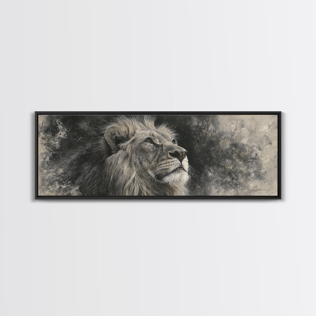 Dramatic Black and White Lion Portrait Framed Canvas Print, Black and White Art, Cabin Decor, Living Room Decor, Monochrome, BAW-3x1-81