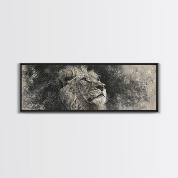 Dramatic Black and White Lion Portrait Framed Canvas Print, Black and White Art, Cabin Decor, Living Room Decor, Monochrome, BAW-3x1-81