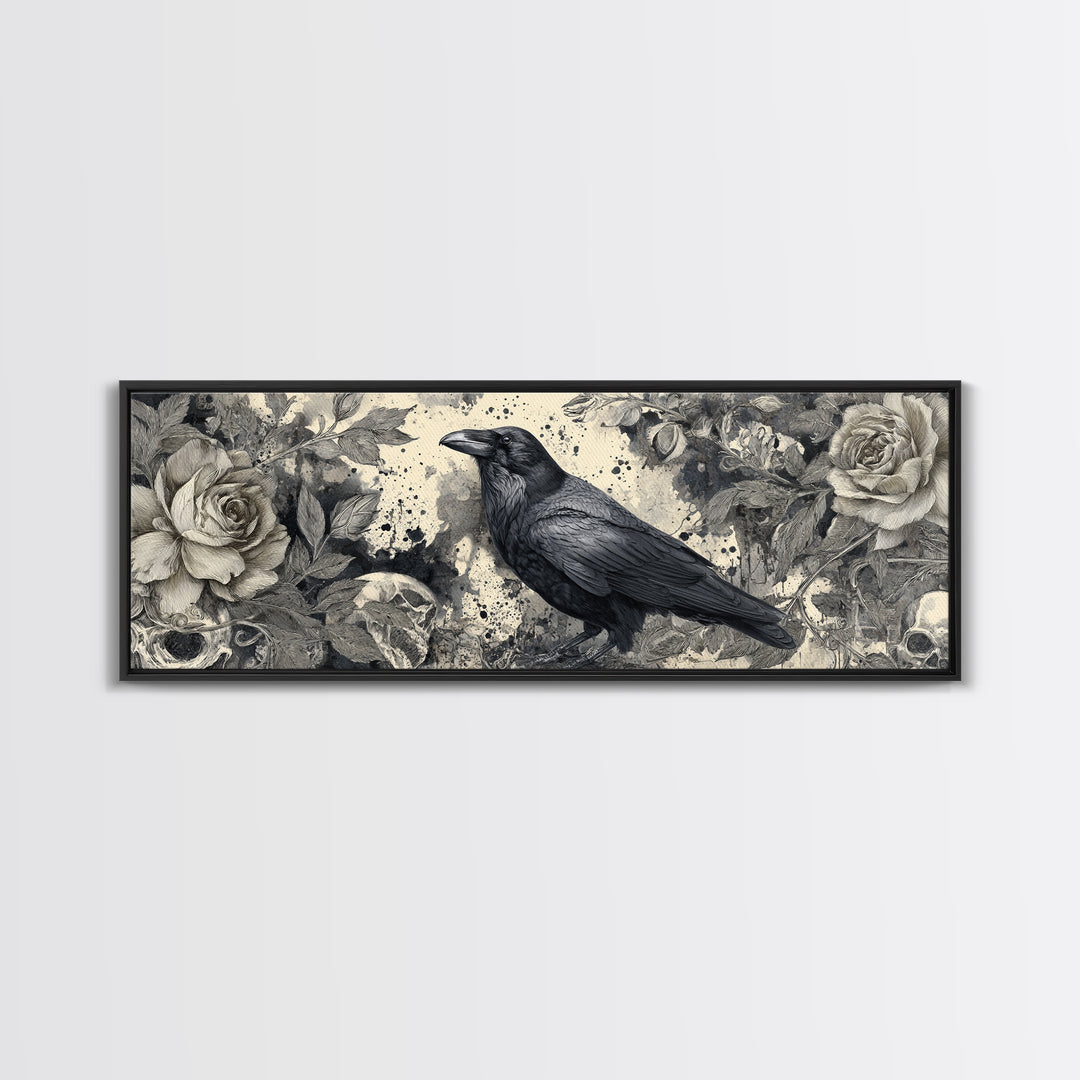 Ink Splatter Raven Composition Framed Canvas Print, Black and White Art, Halloween Decor, Living Room Decor, Monochrome, BAW-3x1-84