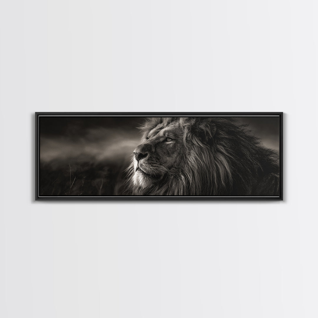 Dramatic Black and White Lion Portrait Framed Canvas Print, Black and White Art, Wood Wall Art, Living Room Decor, Monochrome, BAW-3x1-9