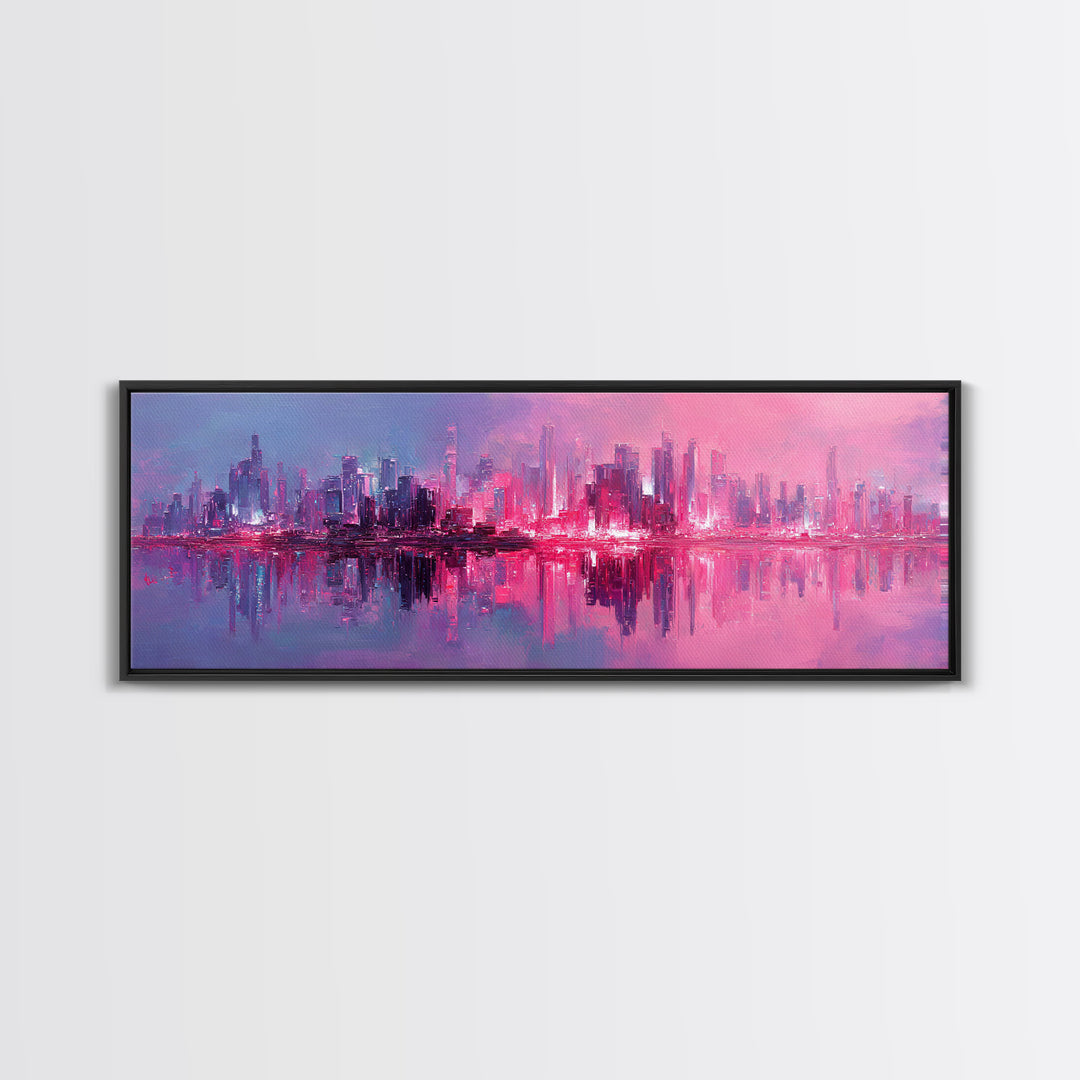 Monochrome City Skyline Reflected Framed Canvas Print, Black and White Art, Art Print, Living Room Decor, Fine Art, Monochrome, BAW-3x1-99