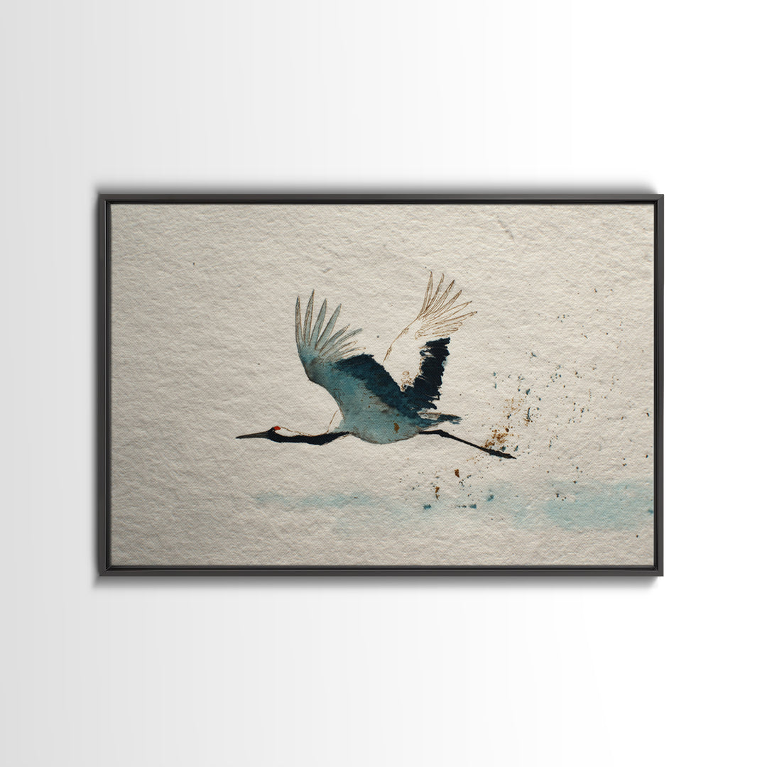 Black Ink Crane Flying Across Empty Sky Canvas Print, Black and White Art, Retro Wall Art, Living Room Decor, Monochrome, BAW-3x2-17