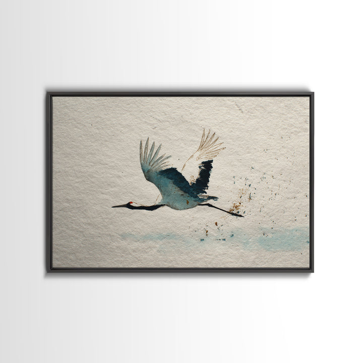 Black Ink Crane Flying Across Empty Sky Canvas Print, Black and White Art, Retro Wall Art, Living Room Decor, Monochrome, BAW-3x2-17
