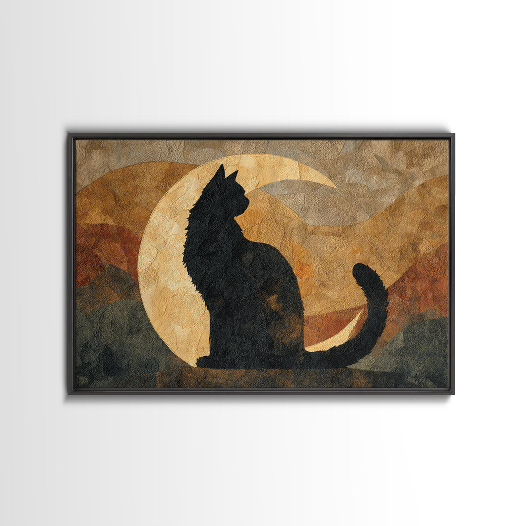 Black Cat Silhouette Framed Canvas Print, Black and White Art, Retro Wall Art, Living Room Decor, Fine Art, Monochrome, BAW-3x2-20