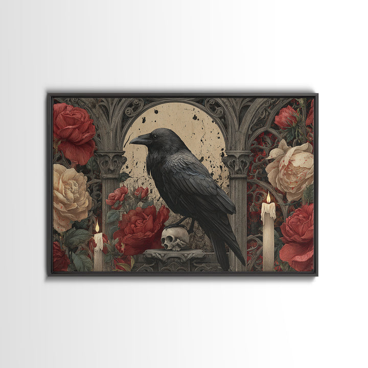 Ink Splatter Raven Composition Framed Canvas Print, Black and White Art, Photography Prints, Living Room Decor, Monochrome, BAW-3x2-24