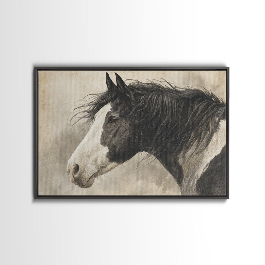 Black and White Wild Horse Portrait Canvas Print, Black and White Art, Cabin Decor, Living Room Decor, Fine Art, Monochrome, BAW-3x2-33