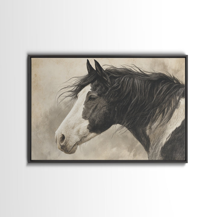 Black and White Wild Horse Portrait Canvas Print, Black and White Art, Cabin Decor, Living Room Decor, Fine Art, Monochrome, BAW-3x2-33