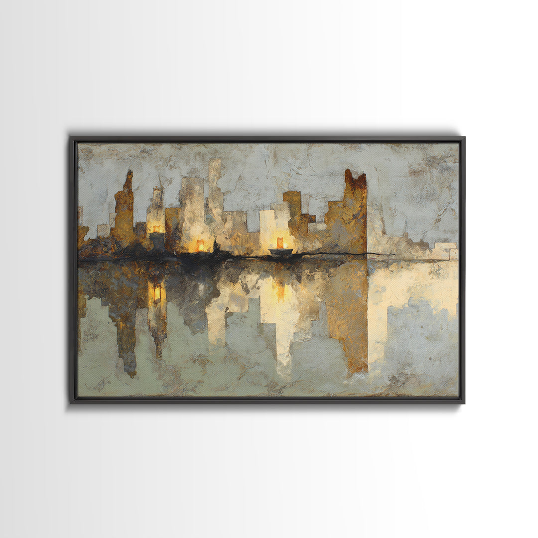 Monochrome City Skyline Reflected Canvas Print, Black and White Art, Contemporary Art, Living Room Decor, Monochrome, BAW-3x2-39
