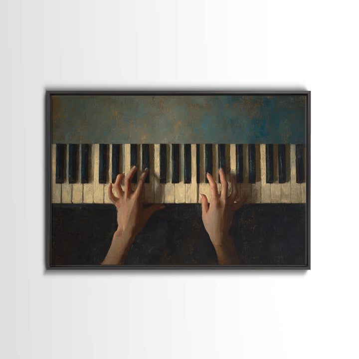 Piano Keys and Hands Framed Canvas Print, Black and White Art, Modern Wall Art, Living Room Decor, Oil Painting, Monochrome, BAW-3x2-50