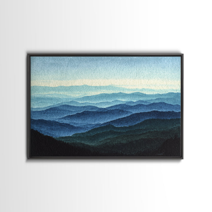 Black Ink Mountain Range Framed Canvas Print, Black and White Art, Wood Wall Art, Living Room Decor, Fine Art, Monochrome, BAW-3x2-6