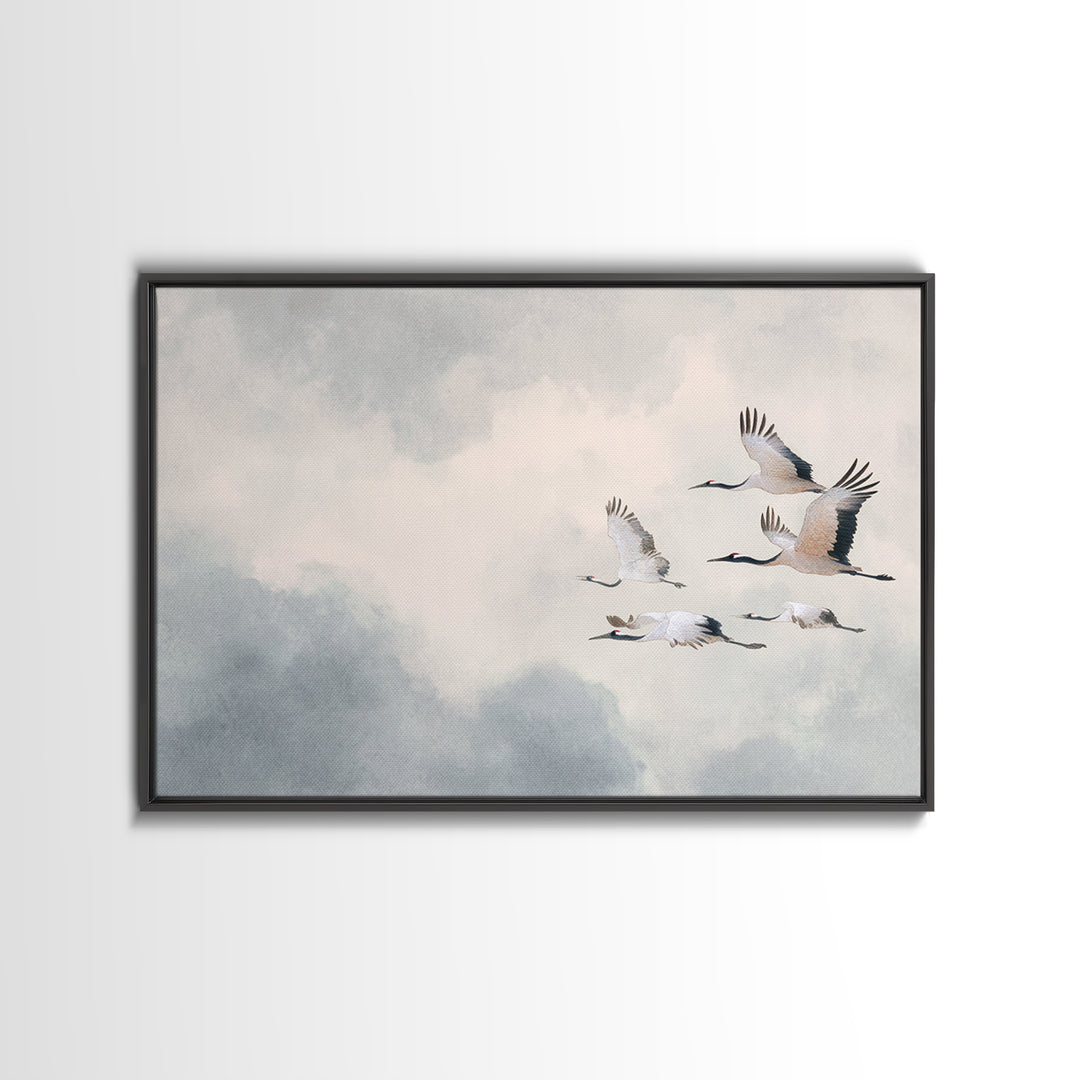 Black Ink Crane Flying Across Empty Sky Canvas Print, Black and White Art, Photo Prints, Living Room Decor, Monochrome, BAW-3x2-65
