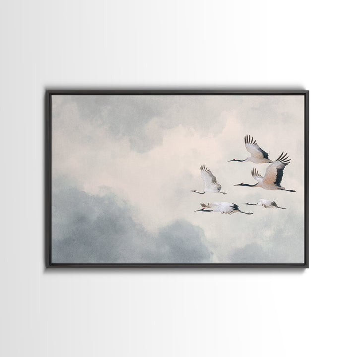 Black Ink Crane Flying Across Empty Sky Canvas Print, Black and White Art, Photo Prints, Living Room Decor, Monochrome, BAW-3x2-65