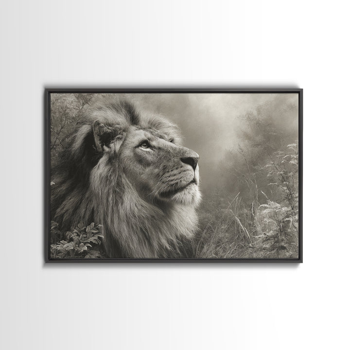 Dramatic Black and White Lion Portrait Framed Canvas Print, Black and White Art, Gallery Decor, Living Room Decor, Monochrome, BAW-3x2-69